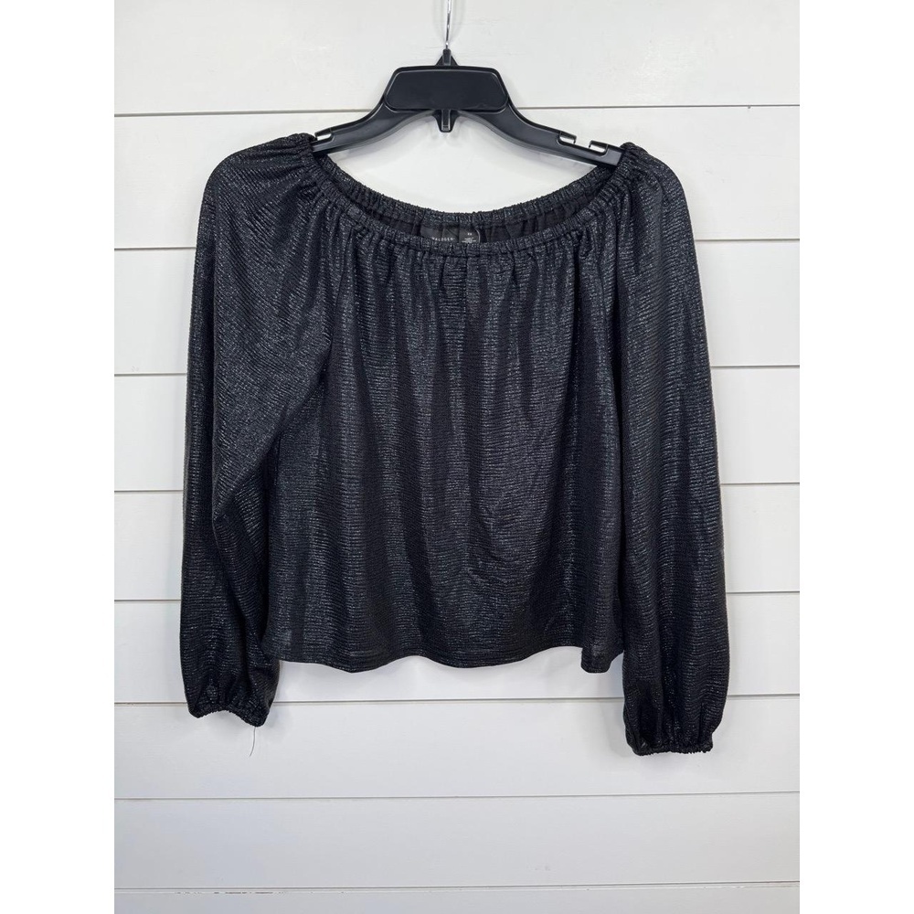HALOGEN Womens Size XS Black Shimmer Long Sleeve Off The Shoulder Top NWOT